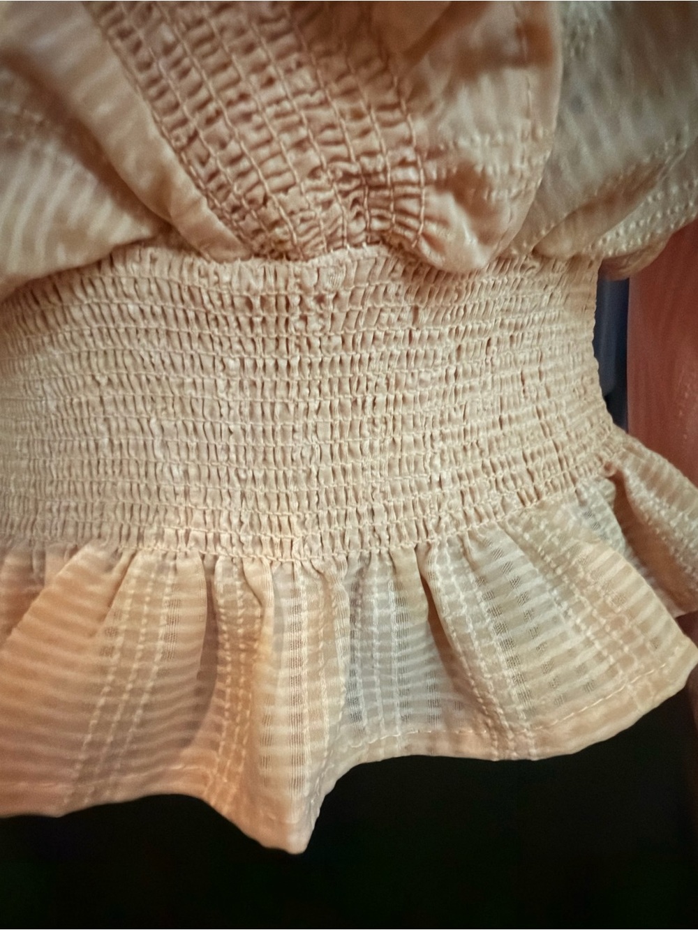 Blu Pepper Pink Peach Ruffle Surplice Smocked Waist Blouse Top Size Small EUC - Picture 5 of 5